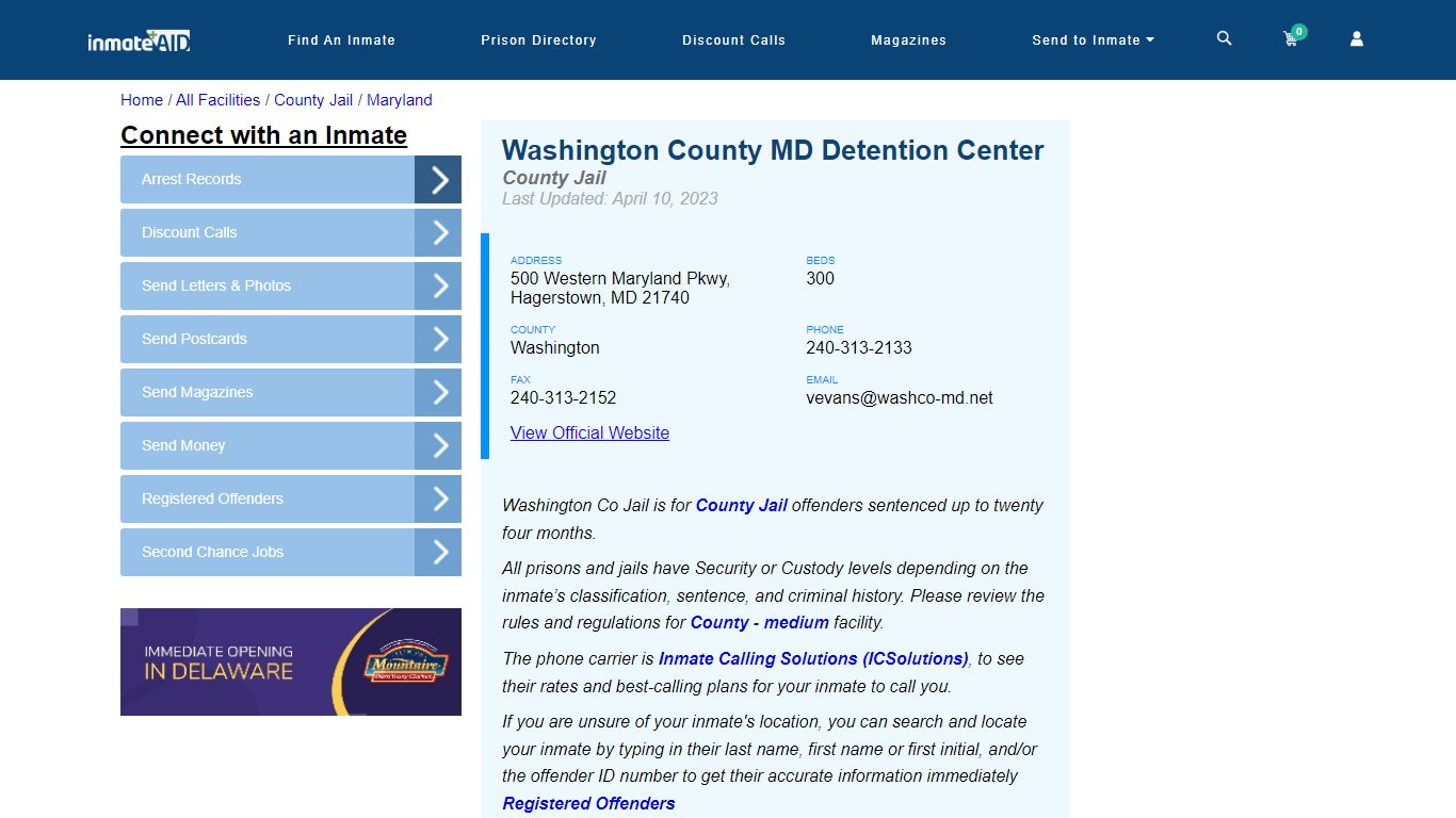 Washington County MD Detention Center - Inmate Locator